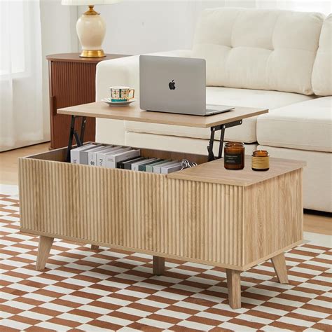 Wooden Fluted Lift Top Coffee Table with Hidden Compartment, Modern ...