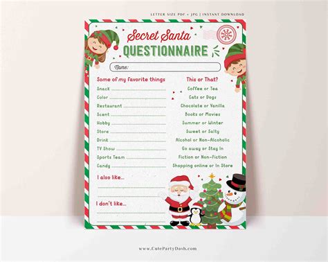 Secret Santa Cards Secret Santa Gift Exchange Printable Questionnaire ...