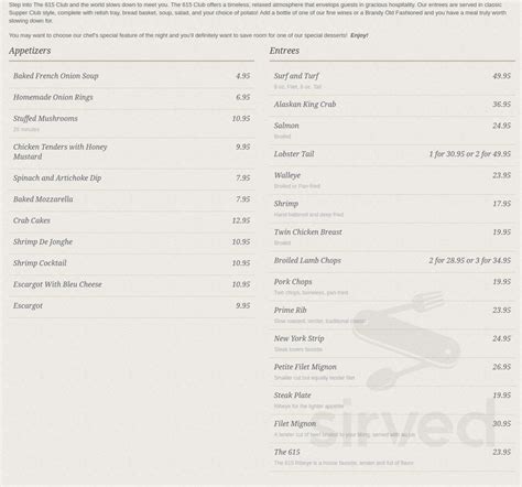 Menu for The 615 Club in Beloit, WI | Sirved