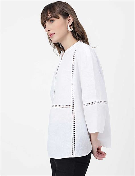 Buy Linen Rich Embroidered Mandarin Collar Top at Marks & Spencer