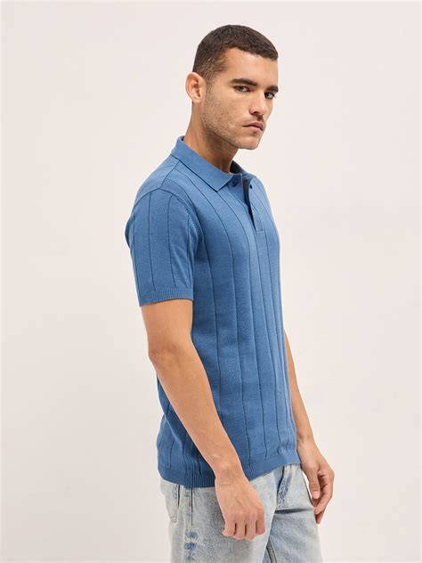 Shop Blue Self-Striped Design Slim Fit Polo Online. – bearhouseindia