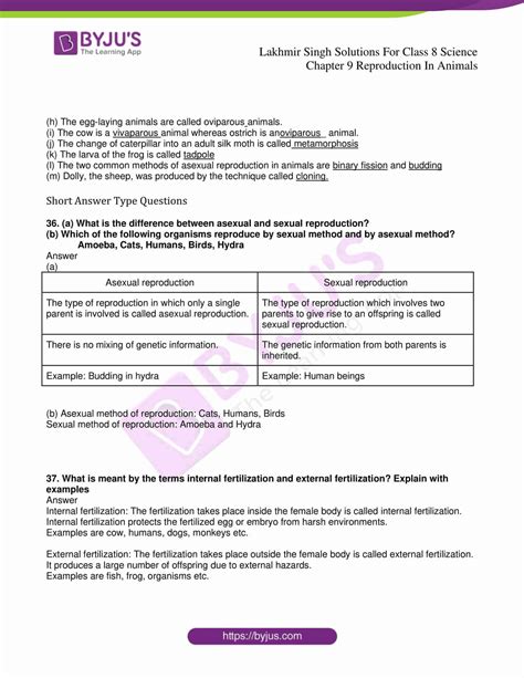 Lakhmir Singh Science Class 8 Solutions For Chapter 9 Reproduction In Animals - Free PDF