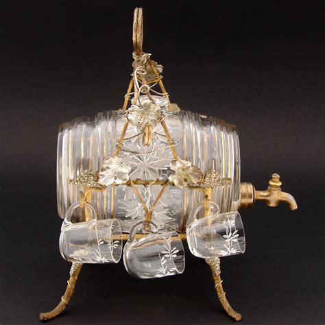 Antique French Aperitif Liqueur Service, Lg Barrel, Six Cups, Gilt Wir ...