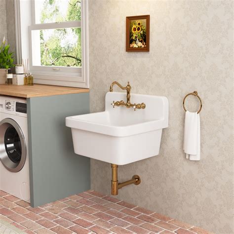 24 in. L Wall Mount Laundry/Utility Sink in White Single Bowl Sink for ...
