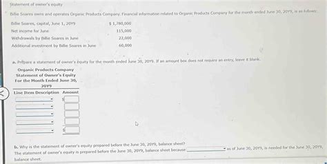 Solved: Statement of owner's equity Billie Soares owns and operates ...