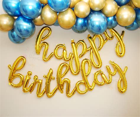 Gold Happy Birthday Balloons Banner | Script/Cursive Gold Letter Balloon Sign for Birthday Party ...