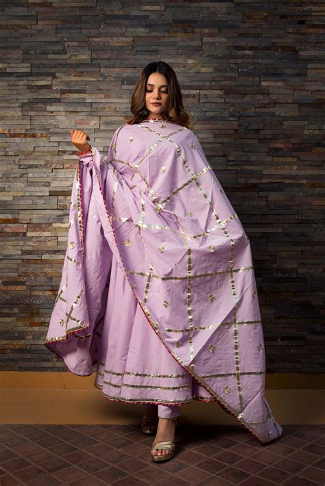 Sweet Pea Lavender Pure Cotton Anarkali Set with lace jaal work dupatt ...