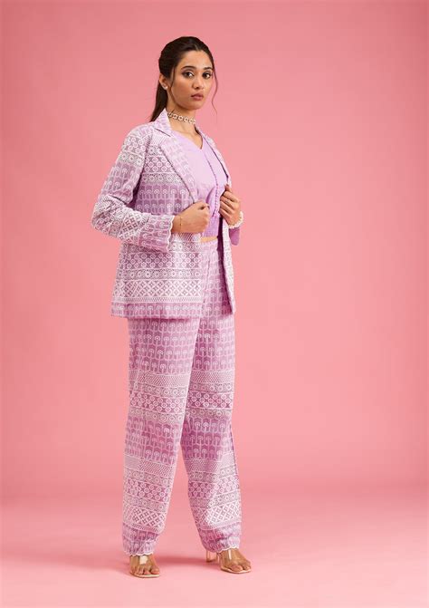 Buy Lavender Threadwork Cotton Readymade Salwar Suit - Koskii