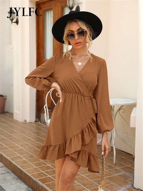Elegant Design Ruffled V-Neck Sexy Long-Sleeved Autumn Wrap Dress ...