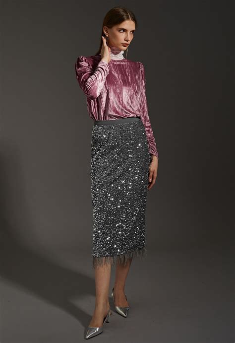 Velvet Sequined Feathered Hem Pencil Skirt in Grey - Retro, Indie and ...