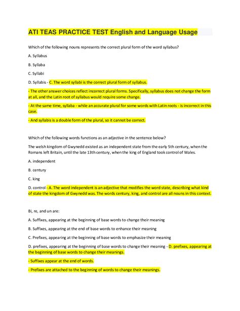ATI TEAS PRACTICE TEST English and Language Usage, 34 pages of concise ...