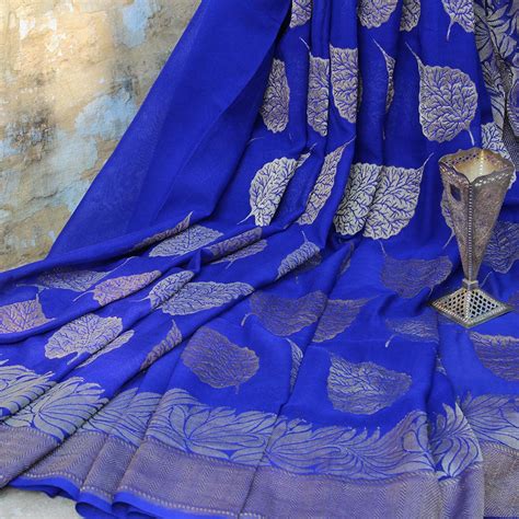 Royal Blue Pure Chiffon Georgette Banarasi Handloom Saree - Tilfi