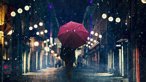 Download wallpaper 1920x1080 silhouette, umbrella, night city, rain ...