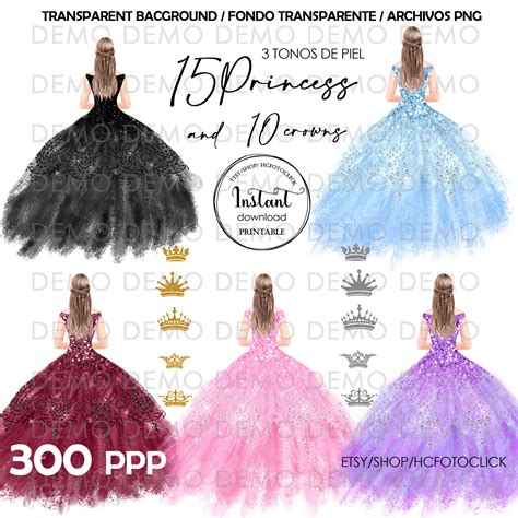 Buy Quinceañera Clipart, Various Dress Colors, 15 Princess, Dark Skin ...