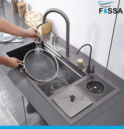 37"x18"x10" Premium Waterfall Honeycomb Kitchen Sink with Dustbin ...