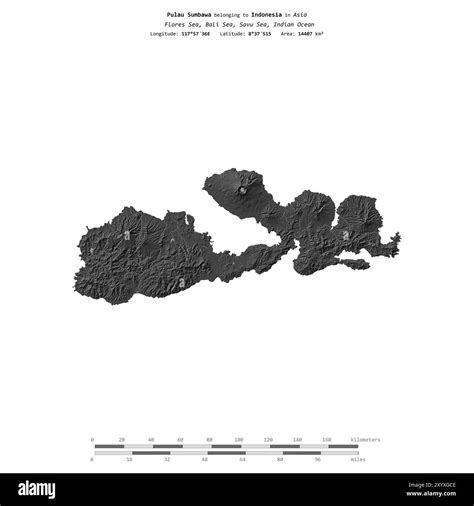 Pulau Sumbawa in the Bali Sea, belonging to Indonesia, isolated on a bilevel elevation map, with ...