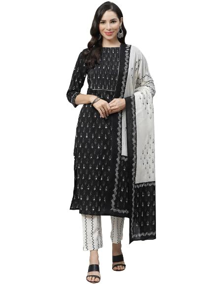 Yuris Women Black Off-White Pure Cotton Printed Kurta with Palazzos ...