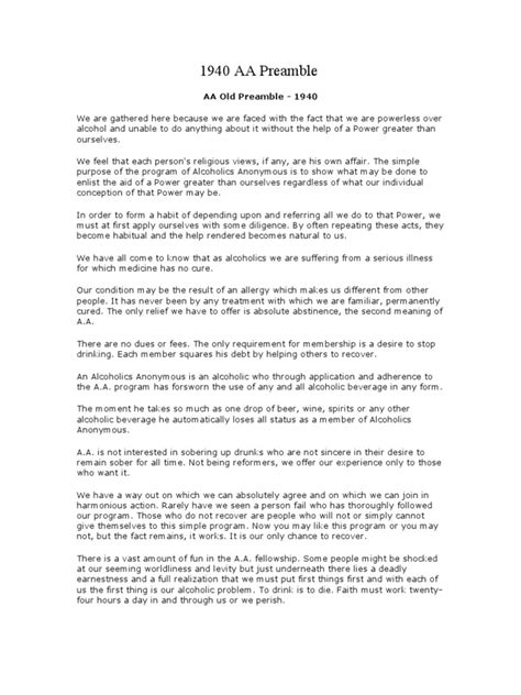 1940 AA Preamble | Alcoholics Anonymous | Alcohol