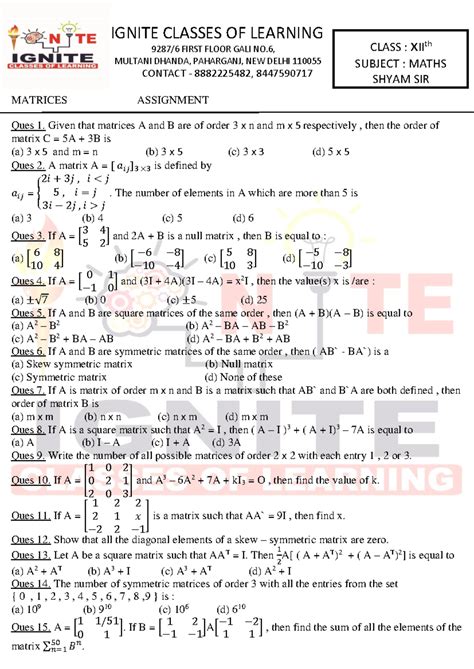 Matrices Assignment - IGNITE CLASSES OF LEARNING 9287/6 FIRST FLOOR ...