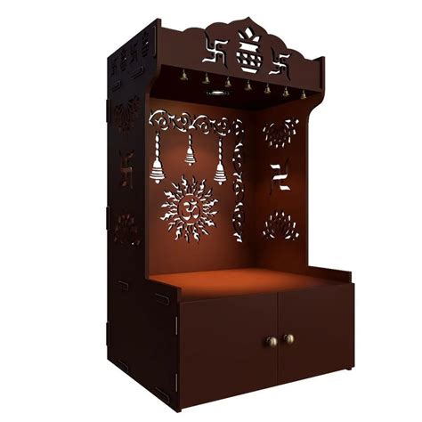 Brown Wooden Floor Pooja Mandir with Kalash & Om Design Laser-Cut Bell ...