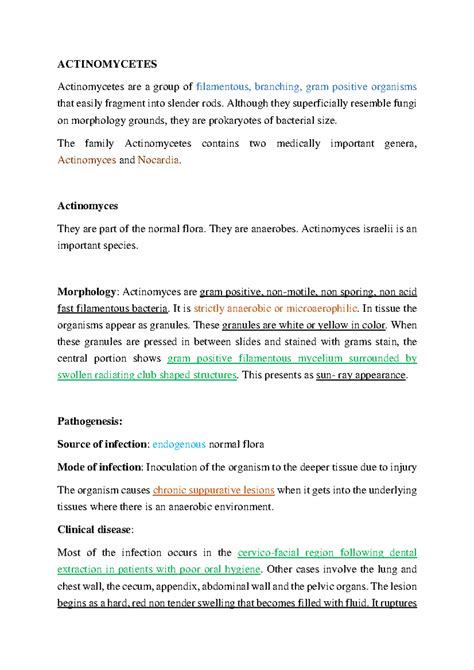 Actinomycetes - Lecture Notes on Morphology and Pathogenesis - Studocu