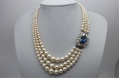 Beautiful Faux Three Strand Pearl Necklace With Blue Stone and ...