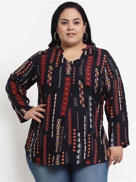 plusS Black Red Print Mandarin Collar Top – pluss.in