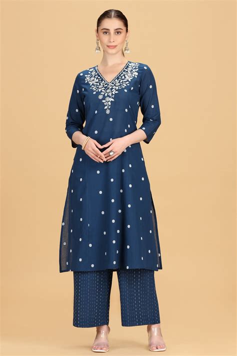 Indigo Blue Handloom Cotton Embroidered Straight Kurta Pant Co ord Set ...