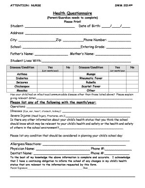 Fillable Online SJGS Health Questionnaire for parents - St Joseph Grade ...