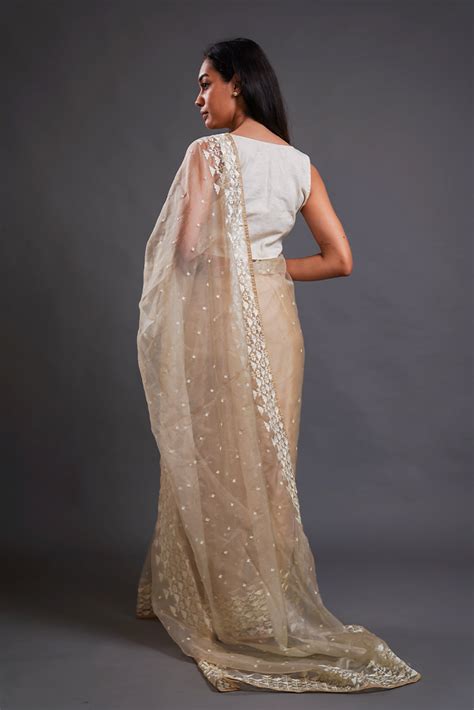 Nude Beige Organza Saree with Aari Work