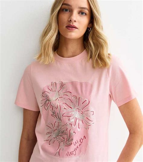 Light Pink Foiled Flower Print T-Shirt | New Look