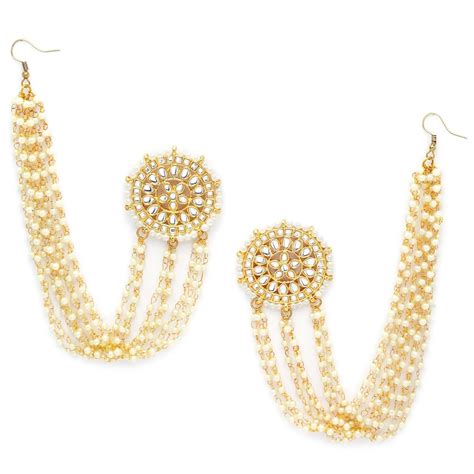 Karatcart Gold Plated Pearl Chain Kundan Kaanchain Earrings for Women ...