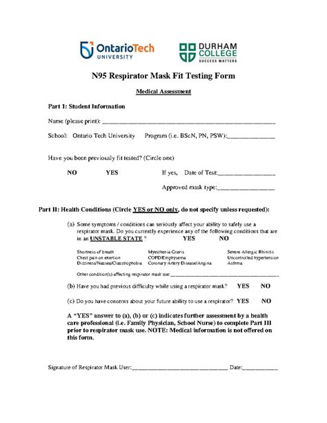 Mask Assessment Form 2023 - N95 Respirator Mask Fit Testing Form ...