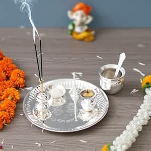eCraftIndia Silver Pooja Thali Set with Diya, Ghanti, Kalash, Spoon ...