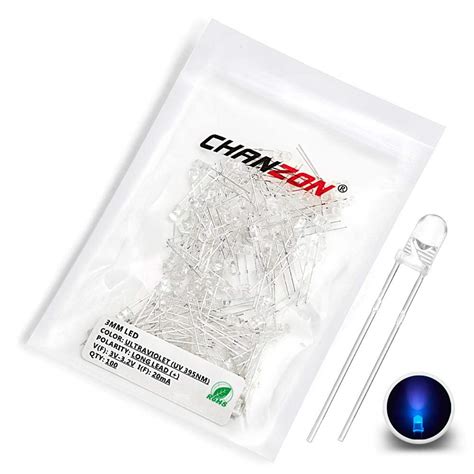 CHANZON 100 pcs 3mm Purple UV LED Diode Lights (Violet Clear Round ...