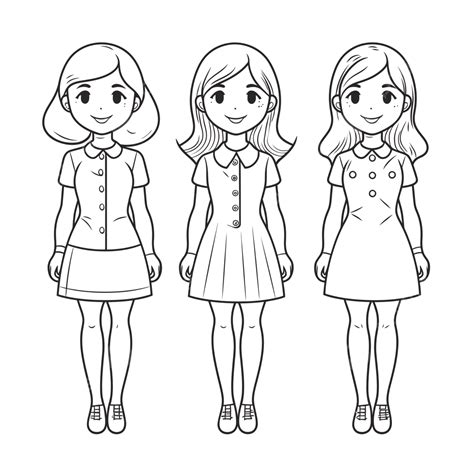 Three Girl Characters In Different And Dresses Outline Sketch Drawing Vector, Dress Drawing ...