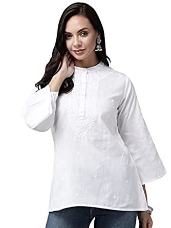 Buy Ada Hand Embroidered Lucknow Chikankari Linen Cotton White Short ...