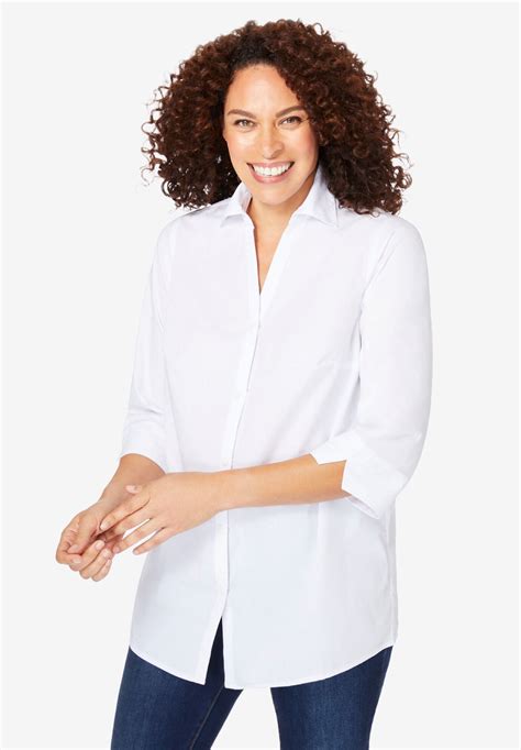 Pleat Back Three-Quarter Sleeve Shirt, White | Woman Within