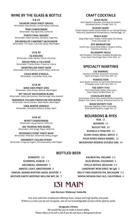 Menu at 131 MAIN Restaurant, Charlotte, Rea Rd