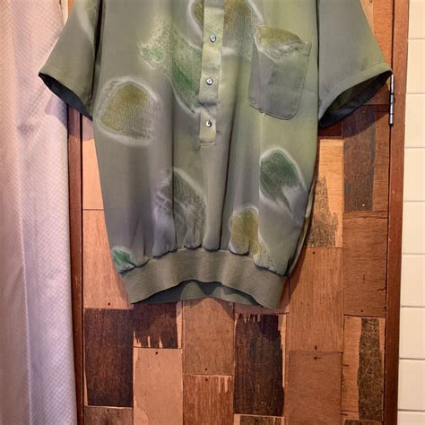 “REBUSDAINE” moss green base polyester brush pattern see-through S/S ...