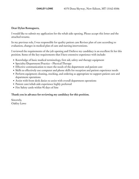 Rehab Aide Cover Letter | Velvet Jobs