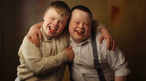Happy young man with Down syndrome and his mentor friend celebrate ...