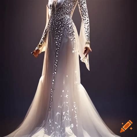 Elegant white floor length dress with diamonds on Craiyon