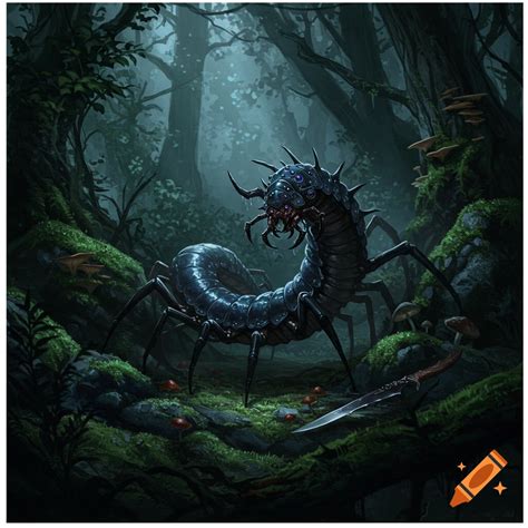 Spider-centipede-like creature with six legs in woods on Craiyon