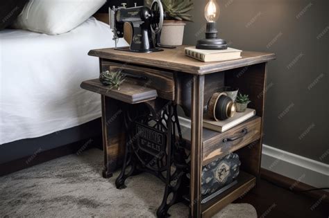 Premium AI Image | A sewing machine upcycled into a unique nightstand ...
