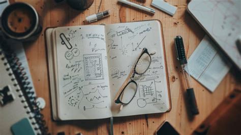 Open Notebook with Sketches and Glasses Stock Photo - Image of ...