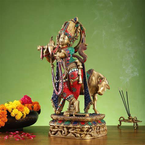 Buy Brass Superfine Krishna with Cow Statue | with stonework | Height ...
