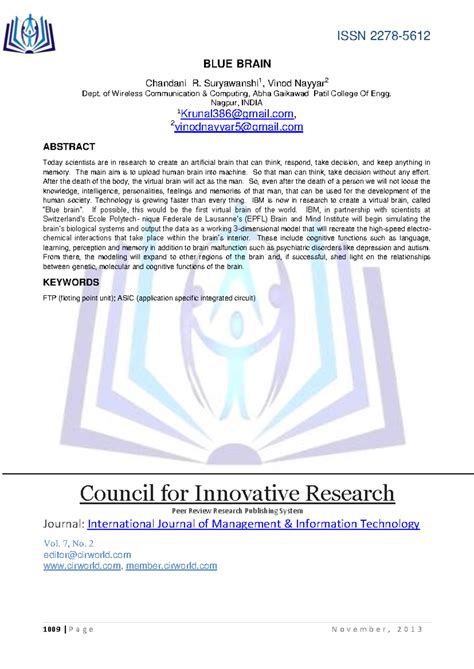 BLUE Brain - .. - BLUE BRAIN Chandani R. Suryawanshi 1 , Vinod Nayyar 2 ...