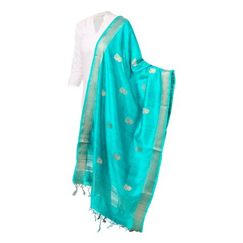 Buy Turquoise Pure Dupion Silk Zari Buta Dupatta For Women | Indyverse
