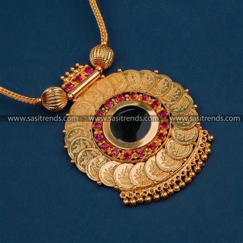 Gold Plated Kerala Style Lakshmi Coin Palaka Necklace | Green Stone ...